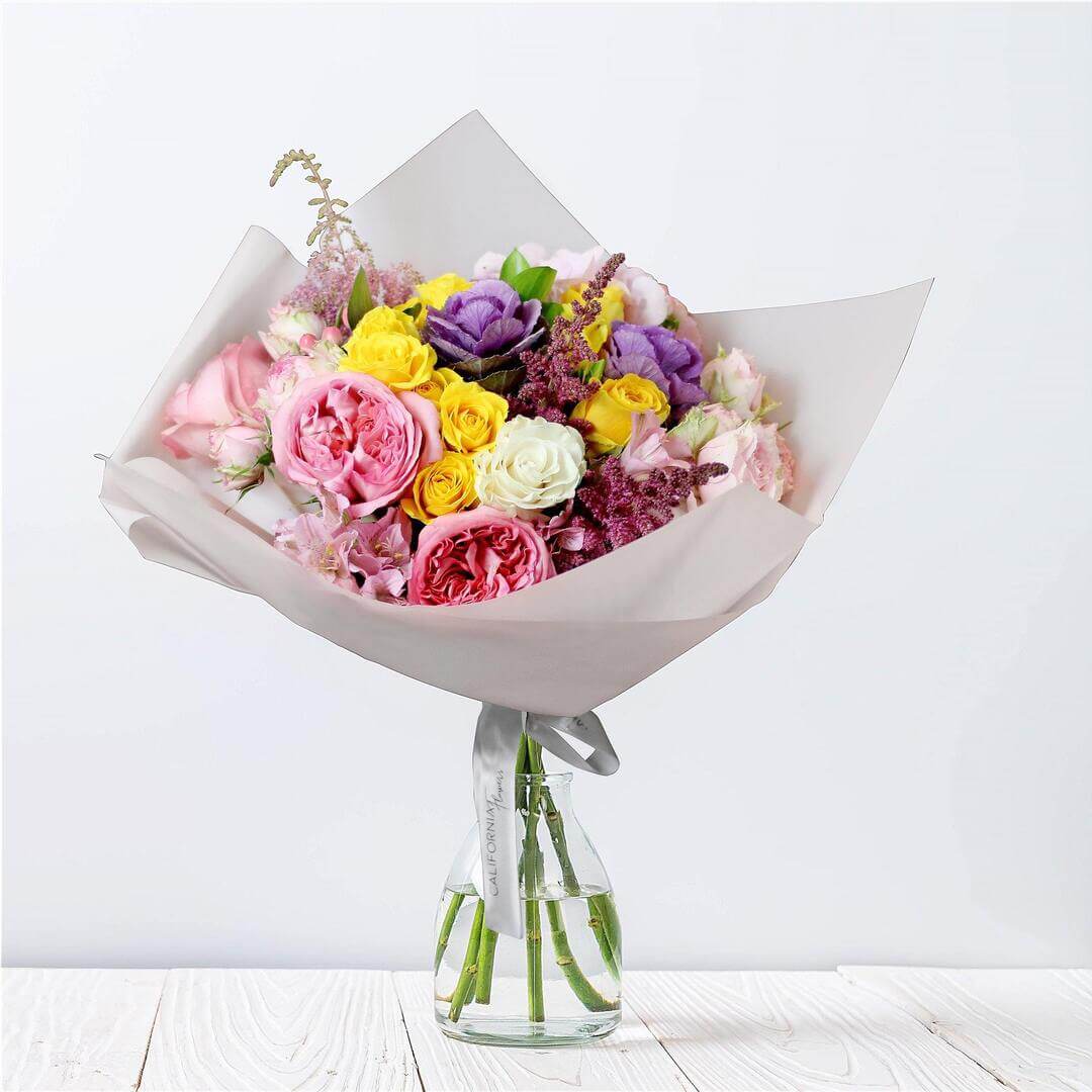 Bouquet with roses, lisianthus and alstroemeria
