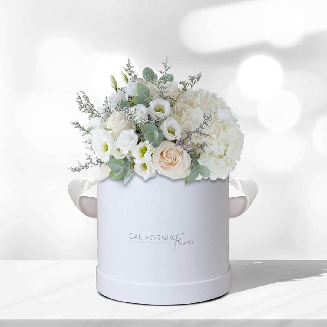 Aranjament floral in cutie cu hortensie, trandafiri si limonium