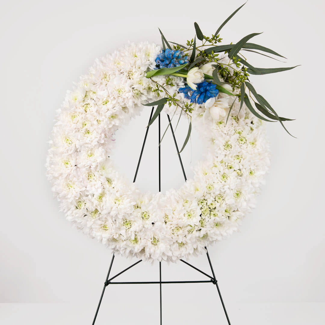 Funeral wreath with white chrysanthemums