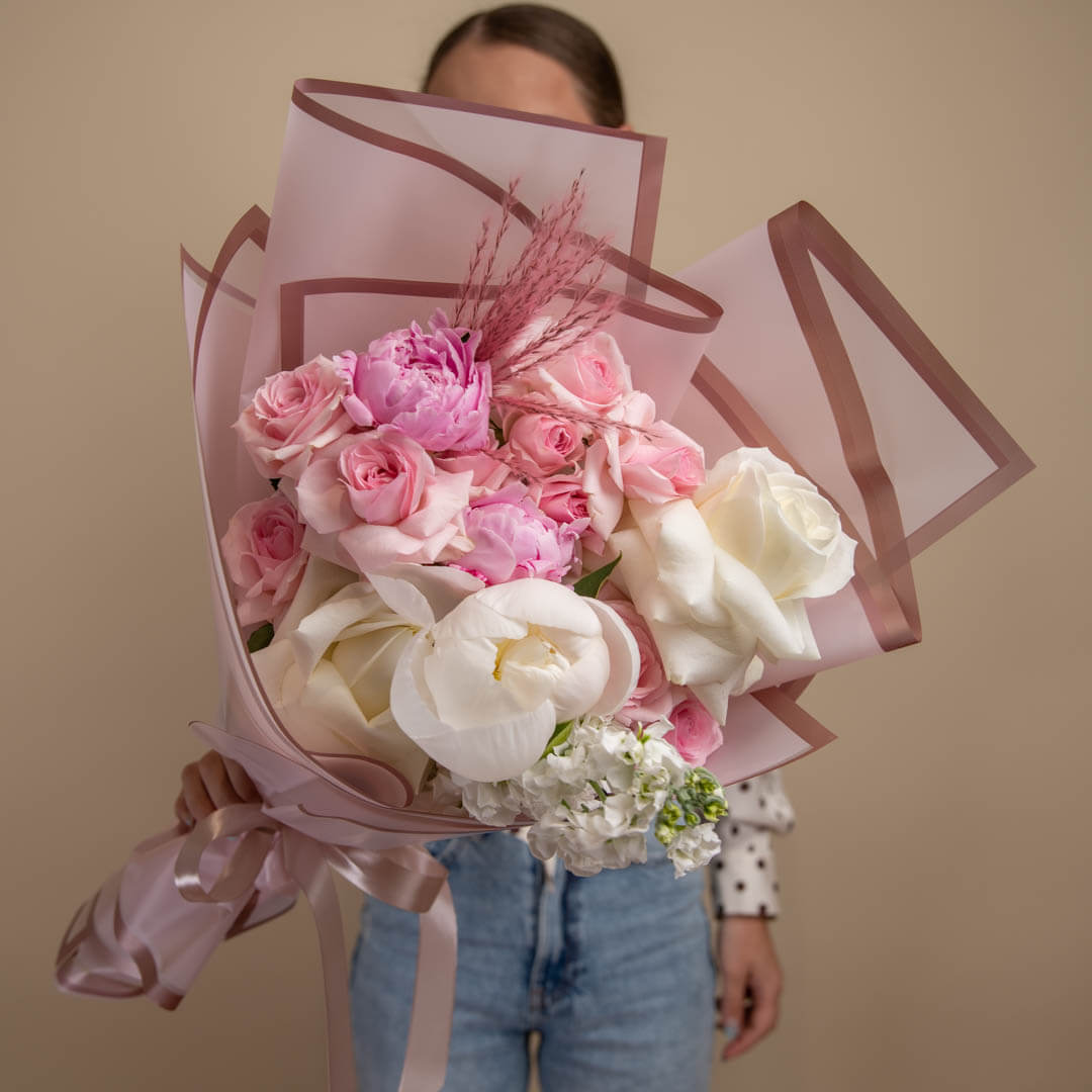 Pink bouquet with peony, rose and matthiola