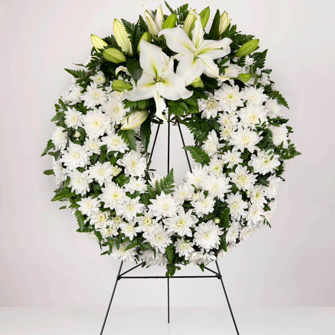 Funeral wreath with lilies and chrysanthemums 
