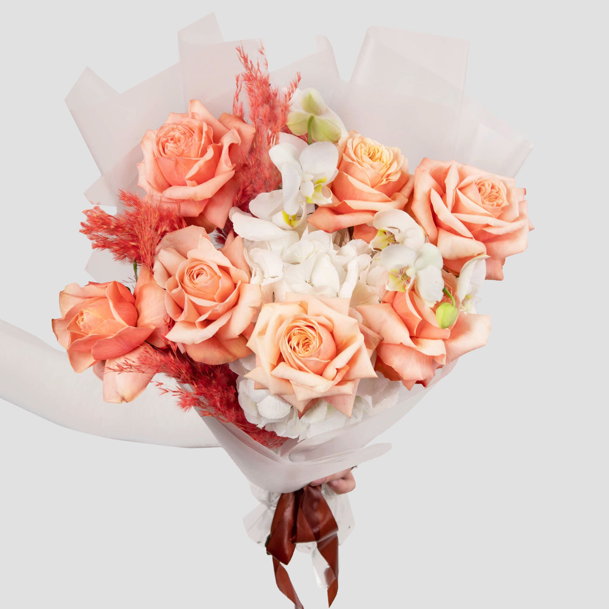 Bouquet of orange and phalaenopsis roses, 1, Californiaflowers.ro