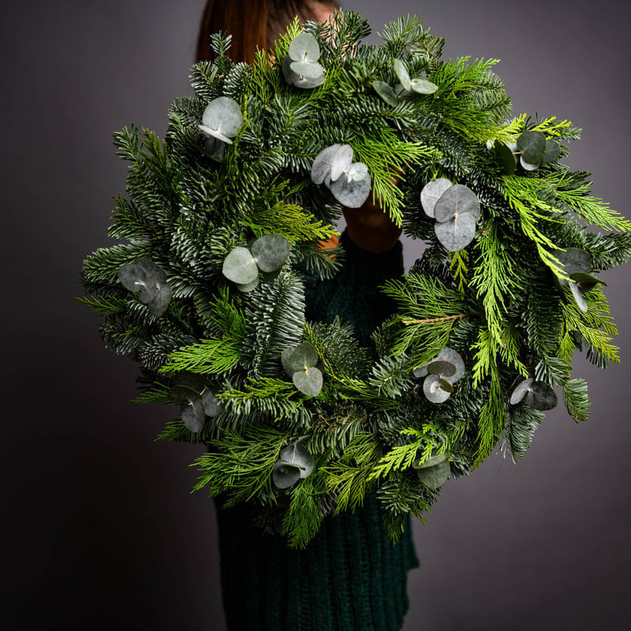 Christmas wreath with thuja and eucalyptus