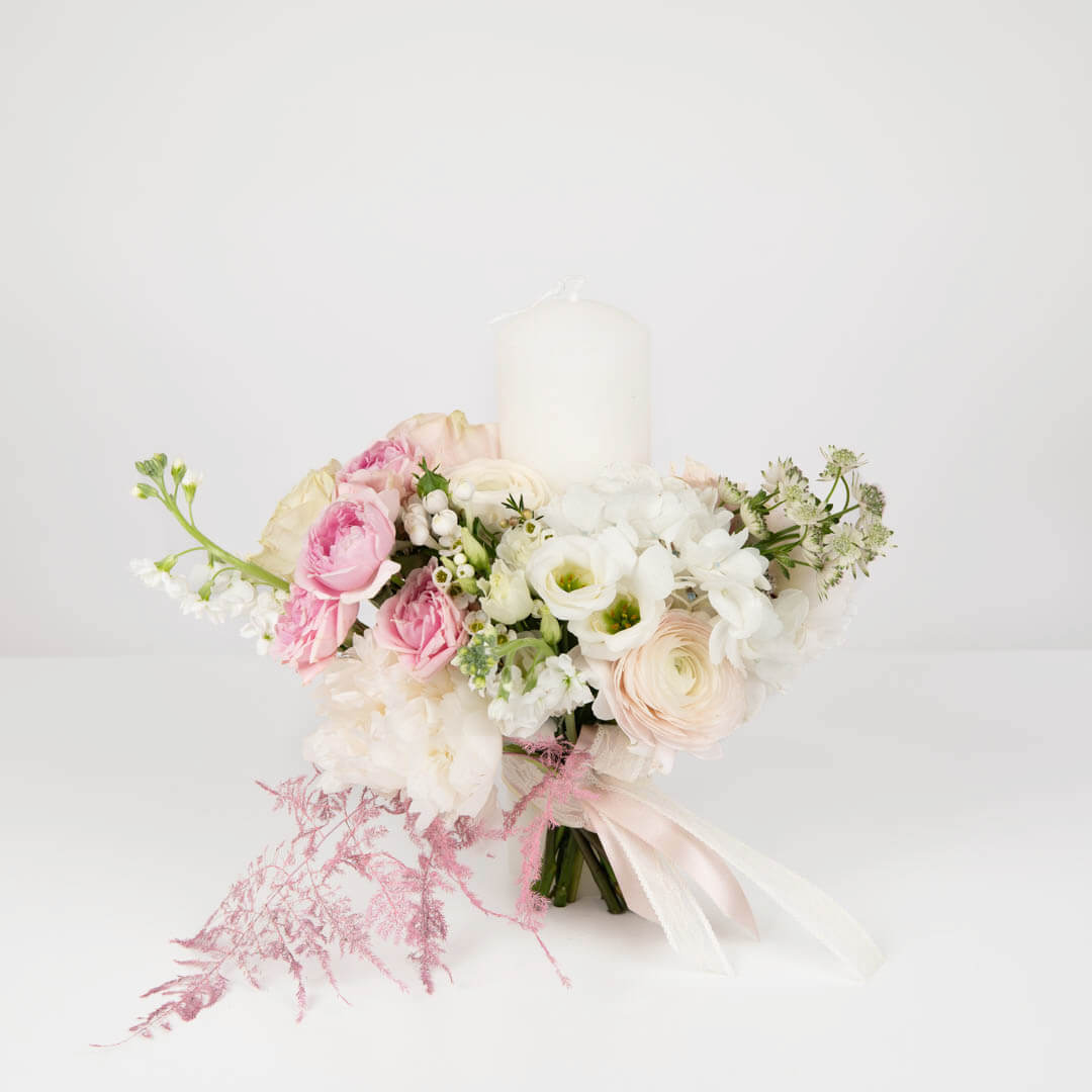 Wedding candles with hydrangea and peonies