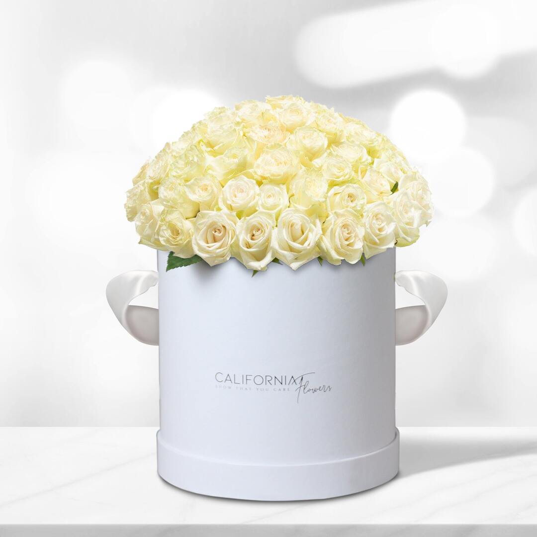 White box with 63-65 white roses