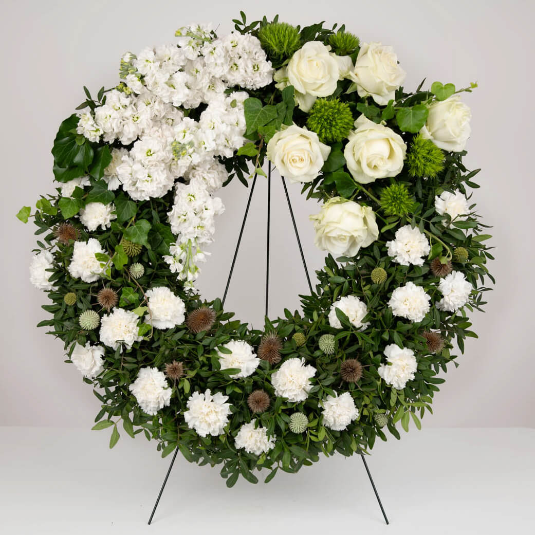 Funeral wreath with matthiola and white roses
