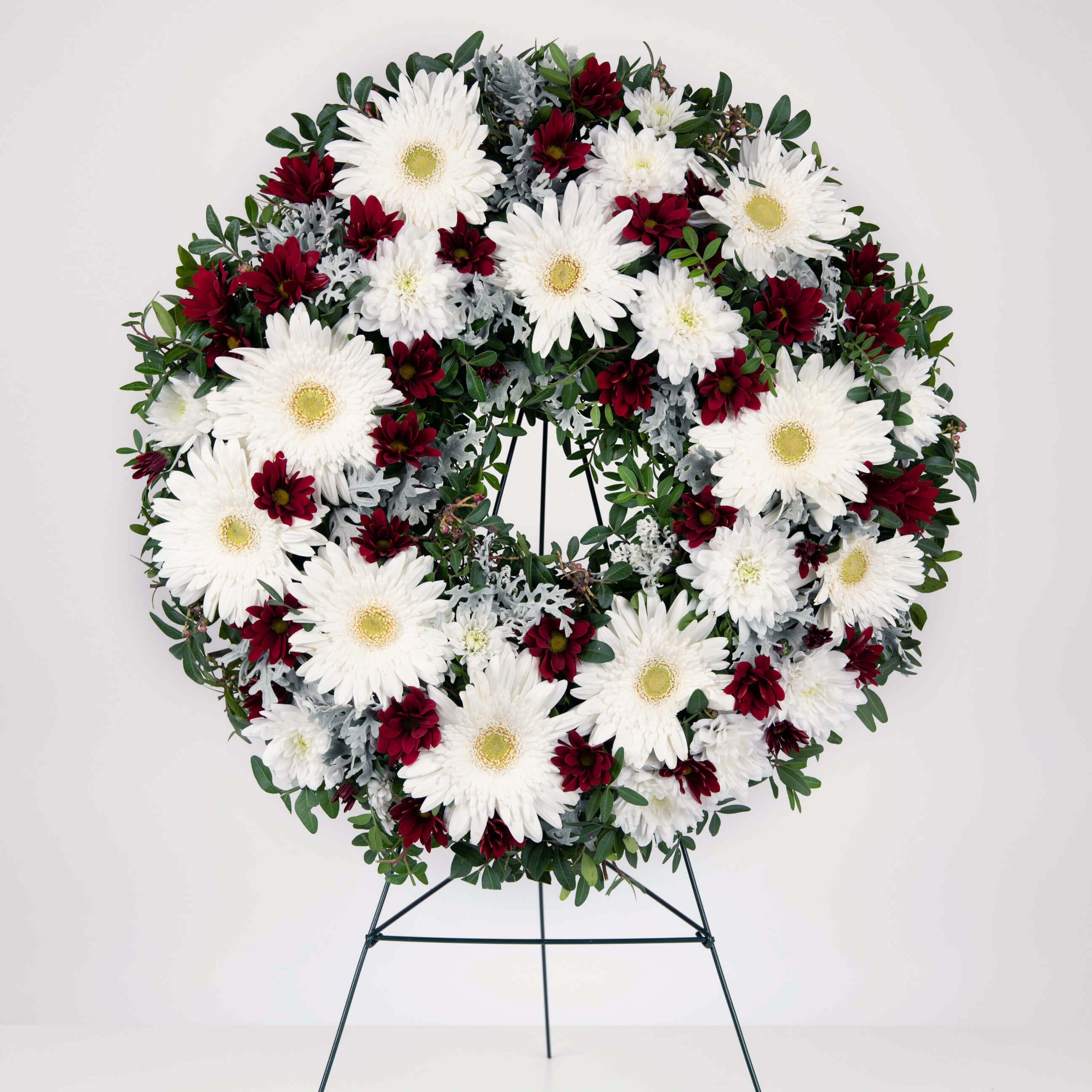 Aranjament floral funerar cu gerbera si crizanteme grena, 1