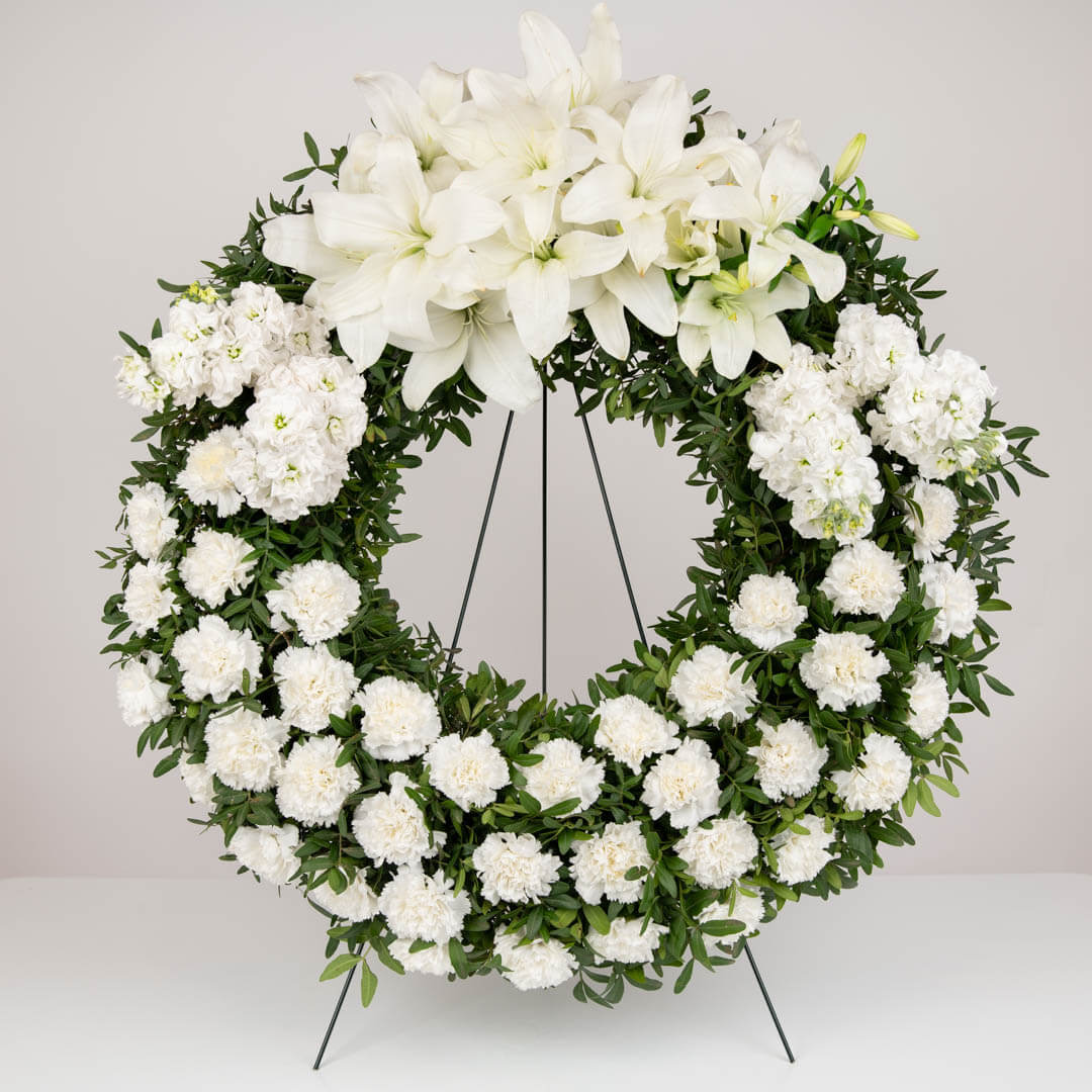 Funeral wreath with matthiola and lilies