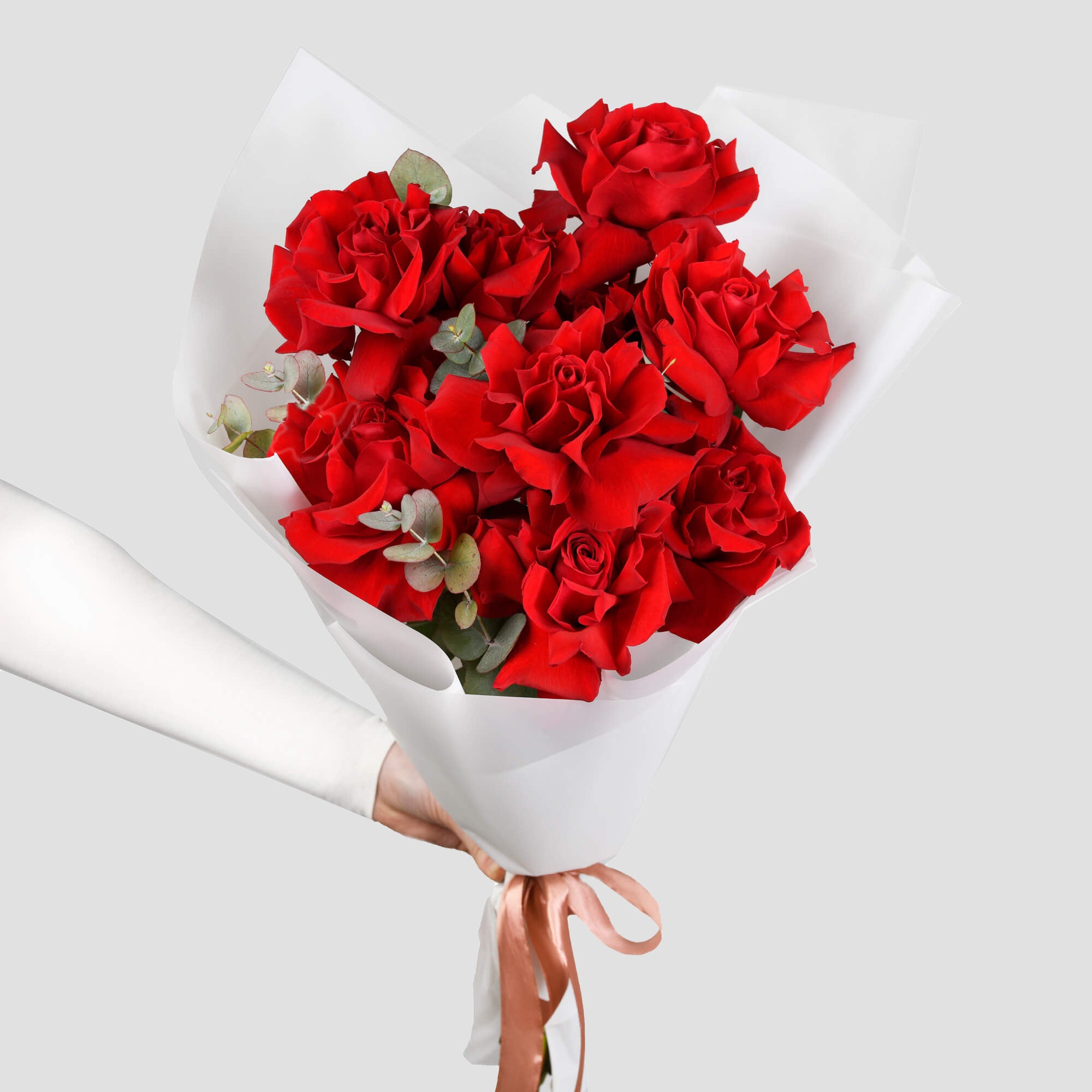 Bouquet with 9 special red roses and eucalyptus