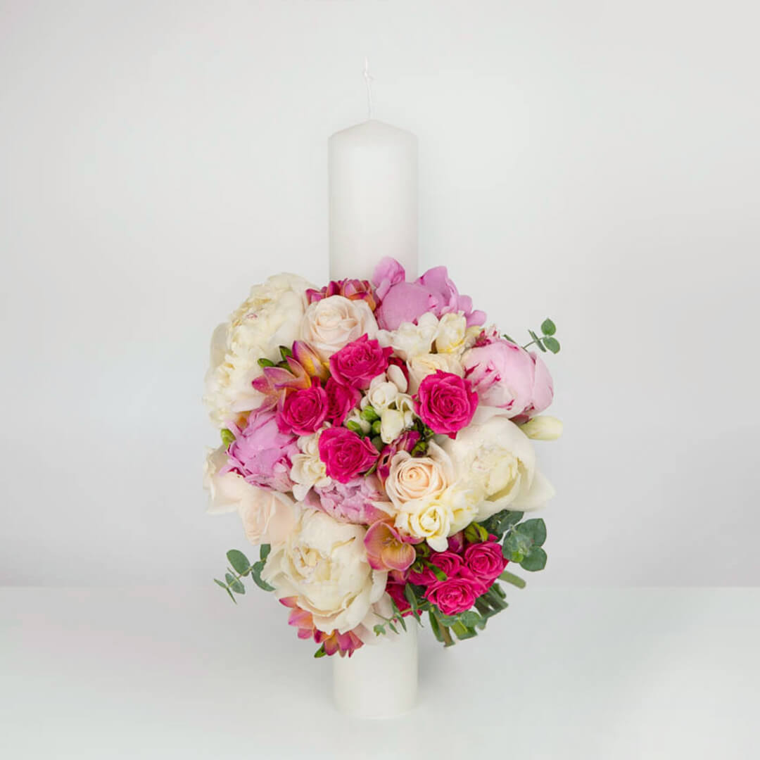 Wedding candles with freesias and peonies