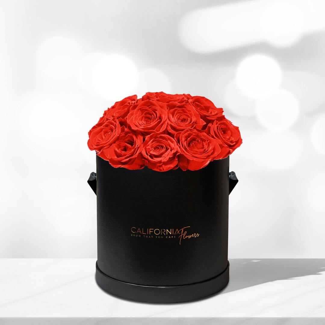 Black box with 19 red roses