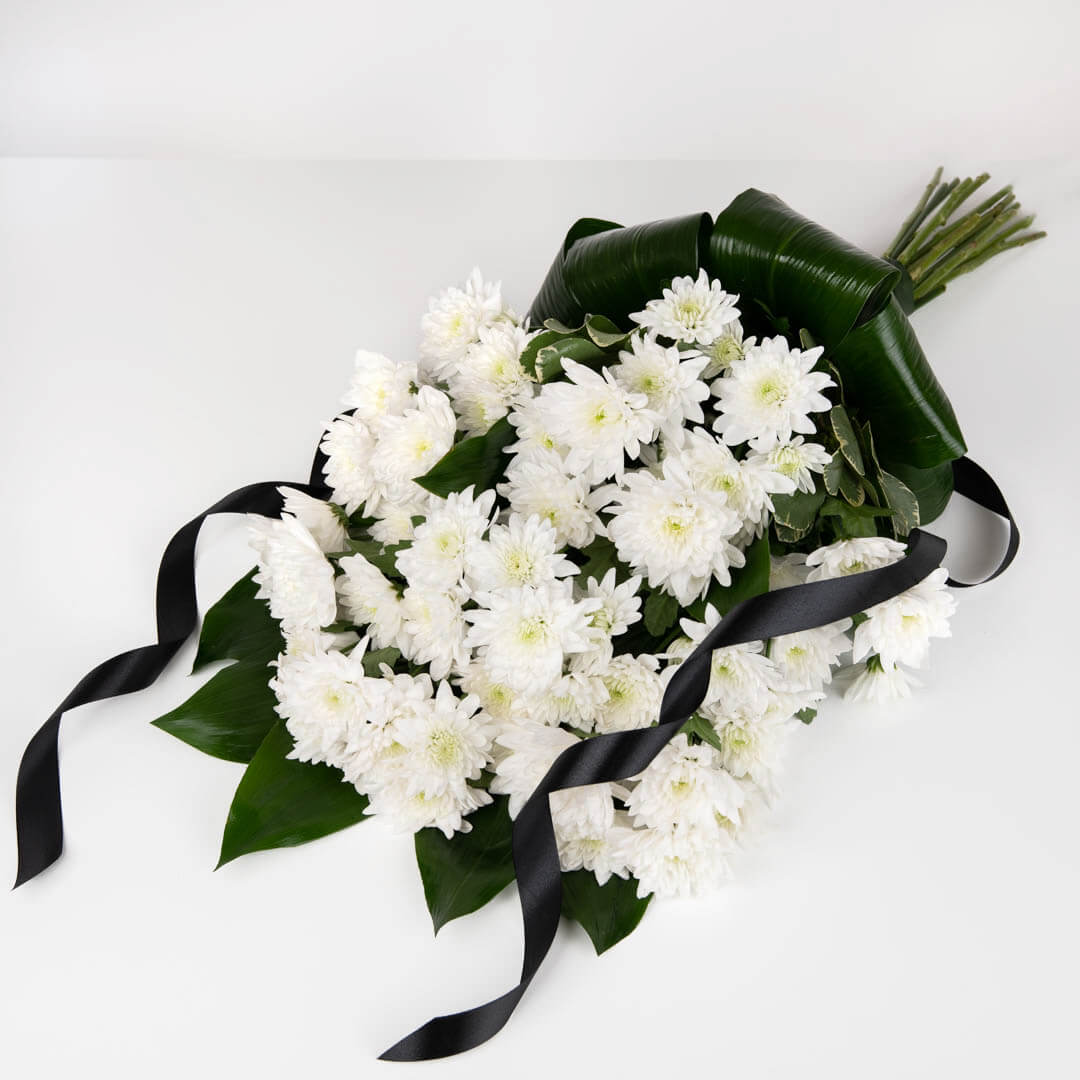 Funeral bouquet with white chrysanthemums